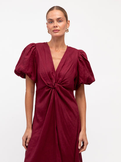 Linen Luxe Balloon Sleeve Dress - Merlot
