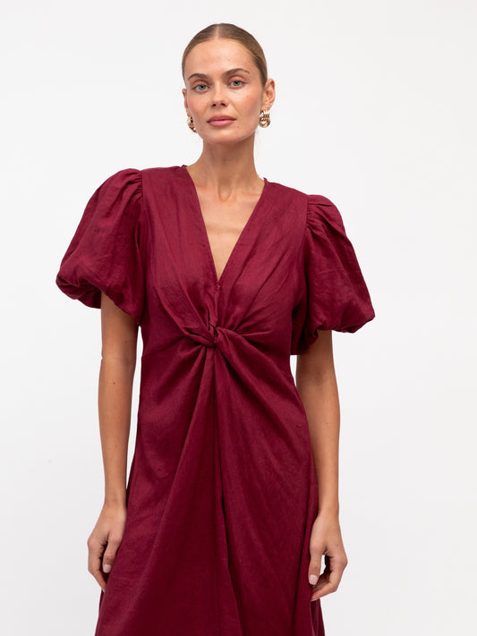 Linen Luxe Balloon Sleeve Dress - Merlot