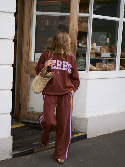 Gigi Wide Leg Terry Track Pants - Burnt Toffee Orchid Stripe