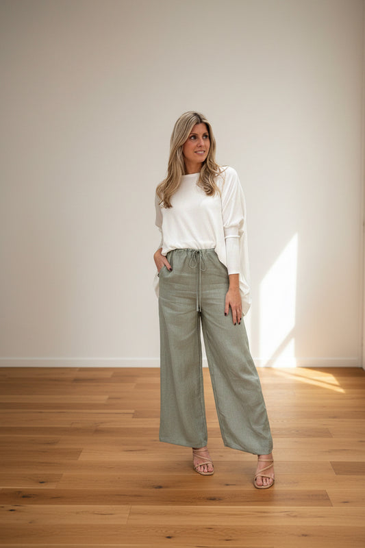 The Atlas drawstring pants in Sage Green Linen.