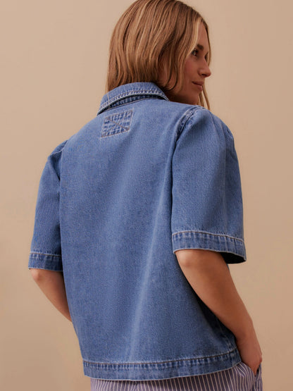 Dylan Pleat Sleeve Denim Shirt- Fresh Indigo