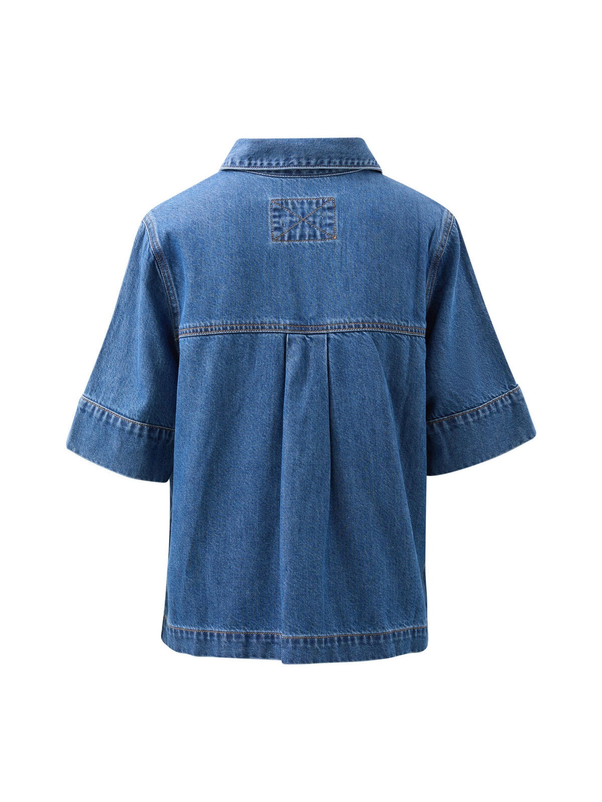 The Noa Blue denim short sleeved shirt on a white background. Wear with The Darcy Shorts for a matching set.