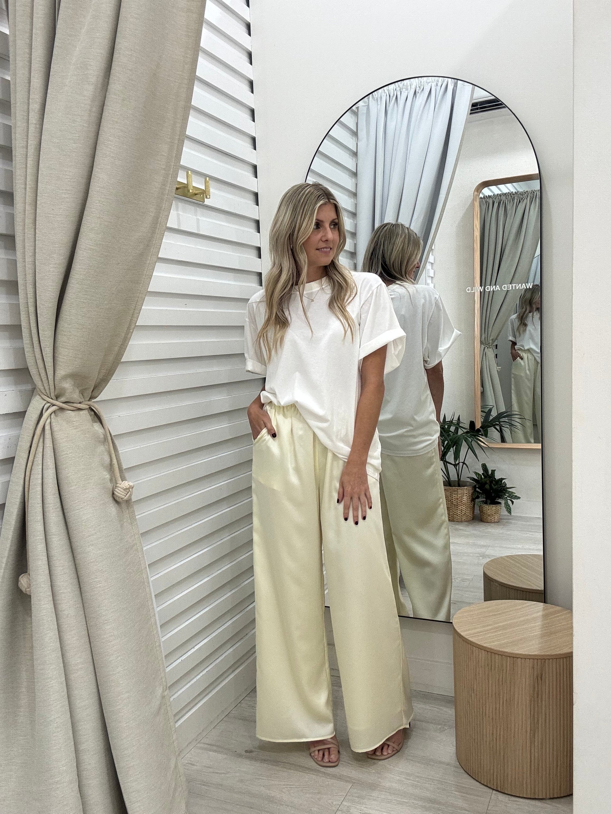 Satin pants in cream By Frankie at Wanted and Wild.