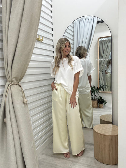 Satin pants in cream By Frankie at Wanted and Wild.