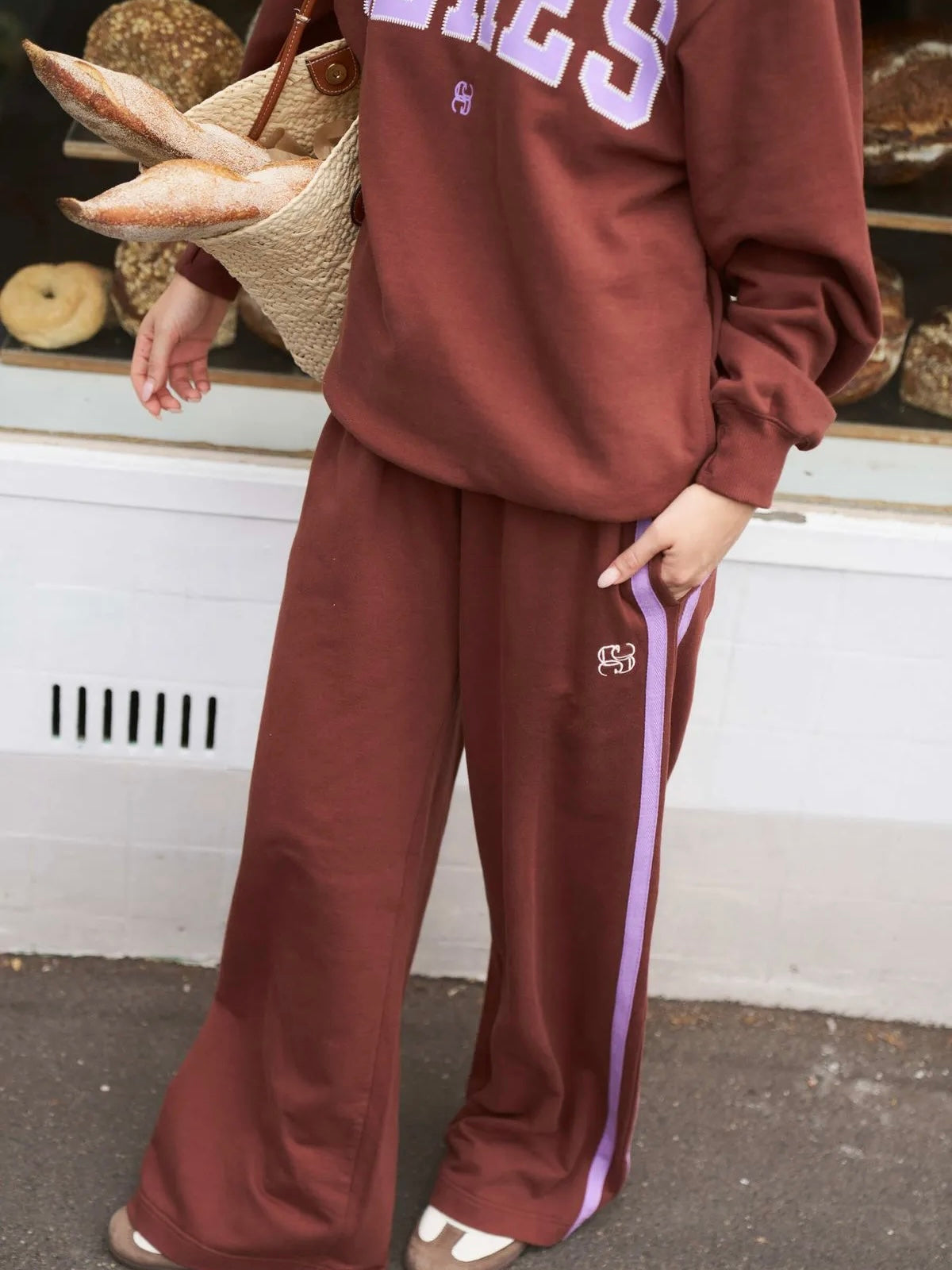 Gigi Wide Leg Terry Track Pants - Burnt Toffee Orchid Stripe