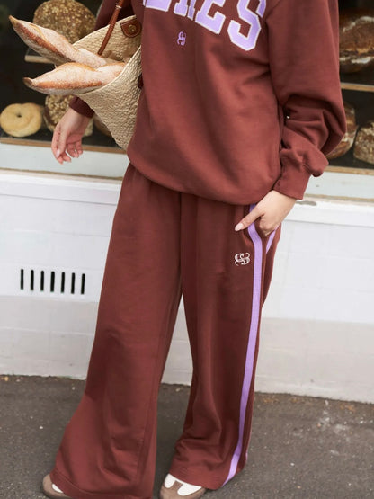 Gigi Wide Leg Terry Track Pants - Burnt Toffee Orchid Stripe