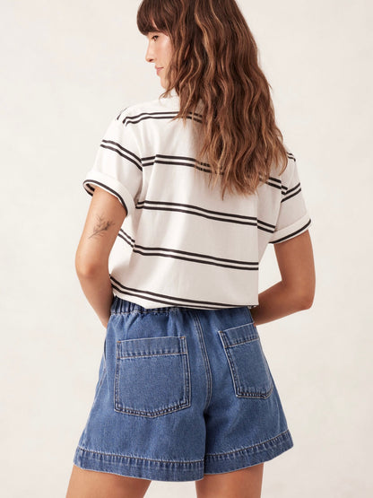 Darcy everyday shorts in washed Indigo available at Wanted and Wild a Ceres Life Stockist, back view.