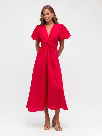 Linen Luxe Balloon Sleeve Dress - Raspberry