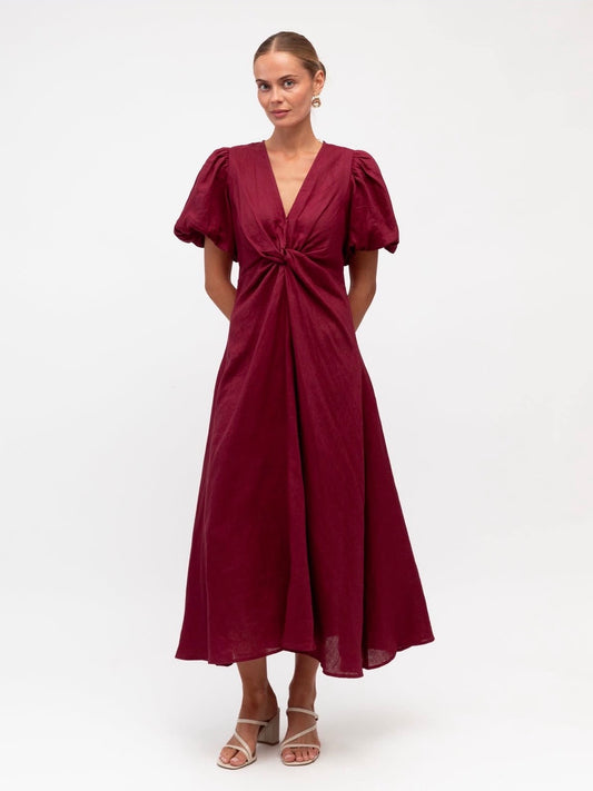 Linen Luxe Balloon Sleeve Dress - Merlot
