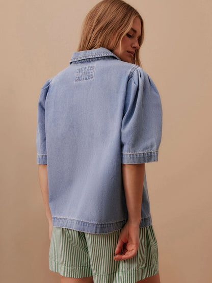 Dylan Pleat Sleeve Denim Shirt- Vintage Blue