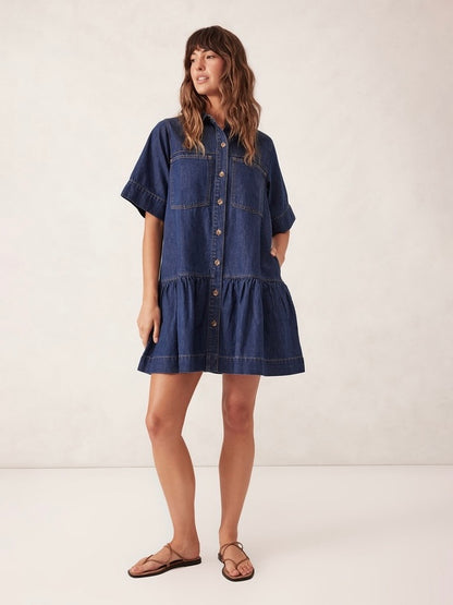 Short Sleeve Tiered Pocket Denim Dress - Midnight Blue