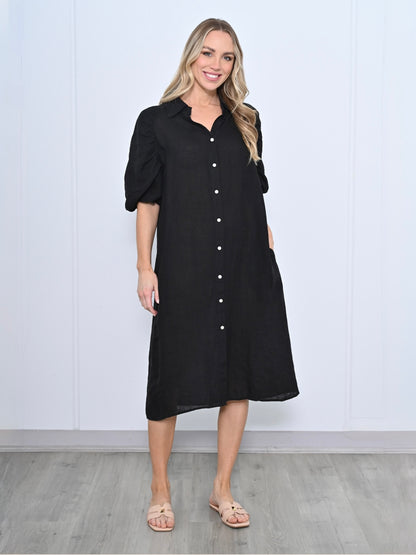 Lune Linen Puff Sleeve Dress  - Black