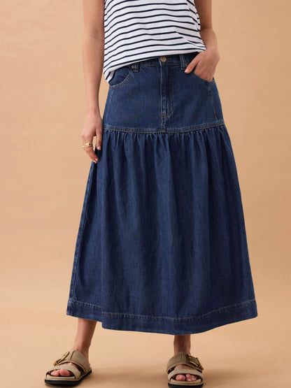 Drop Waist Denim Maxi Skirt - Caspian Blue