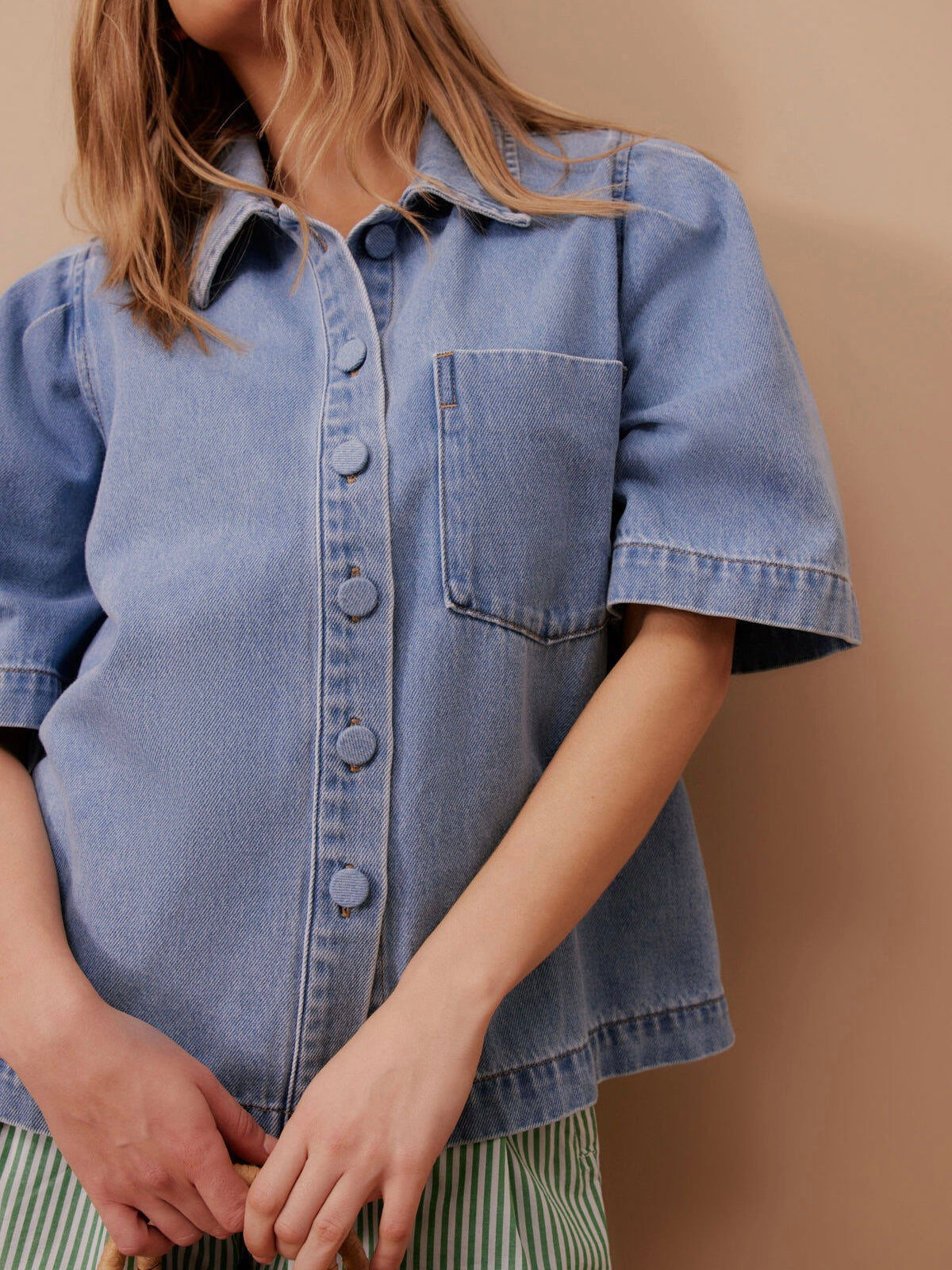 Dylan Pleat Sleeve Denim Shirt- Vintage Blue
