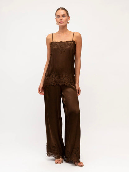 The Cara Lace Trim Pants - Chocolate
