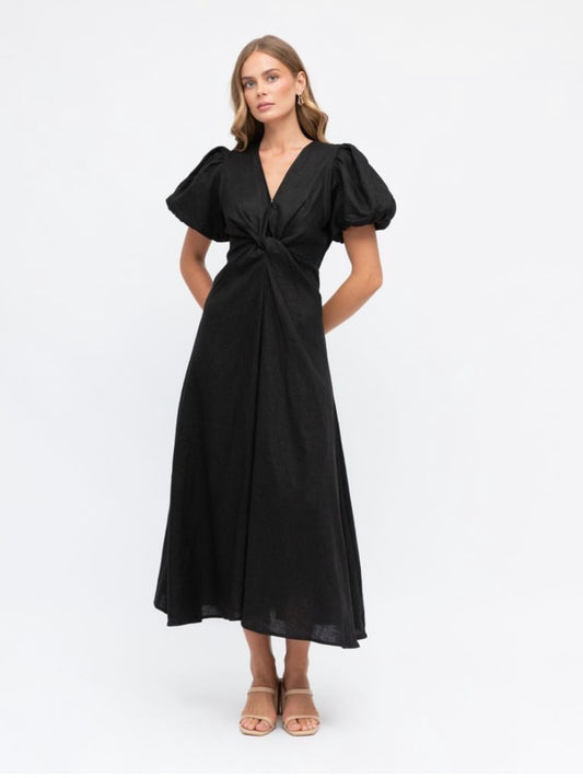 The Puff Sleeve Midi Dress - Black