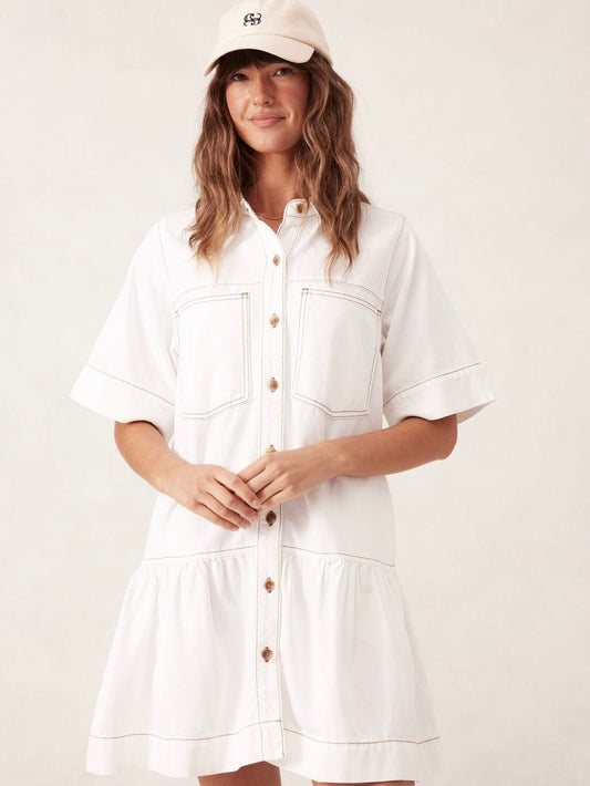 Short Sleeve Tiered Pocket Denim Dress - Fresh Ecru