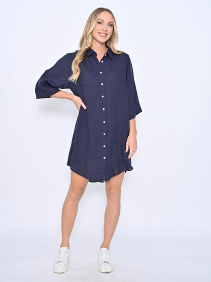 Lune Linen Shirtdress  - Navy