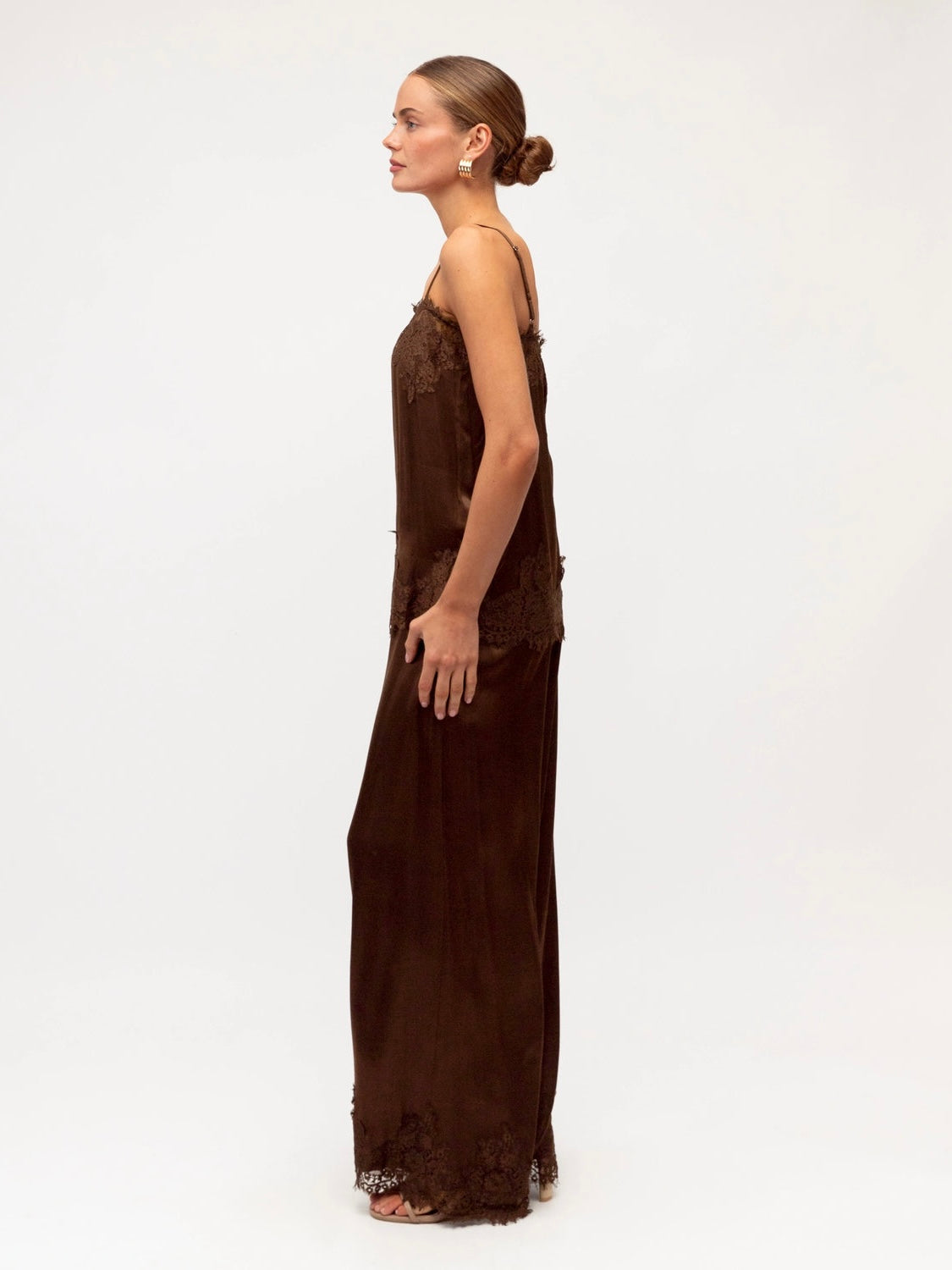 The Cara Lace Trim Pants - Chocolate