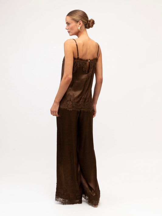 The Cara Lace Trim Pants - Chocolate