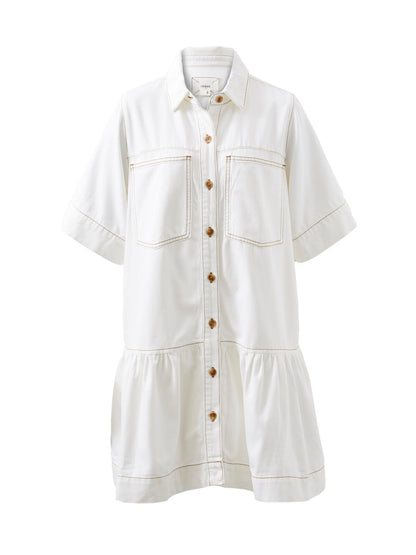 Short Sleeve Tiered Pocket Denim Dress - Fresh Ecru