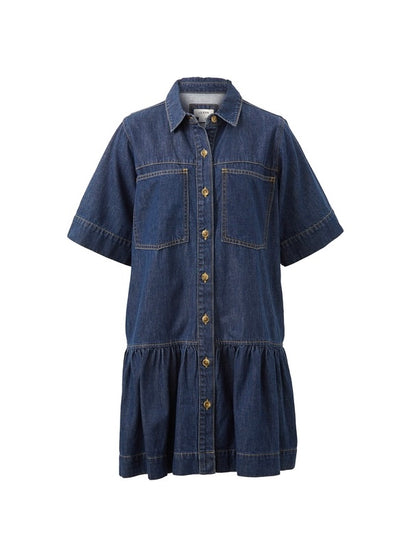 Short Sleeve Tiered Pocket Denim Dress - Midnight Blue