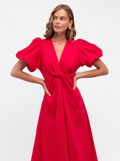 Linen Luxe Balloon Sleeve Dress - Raspberry