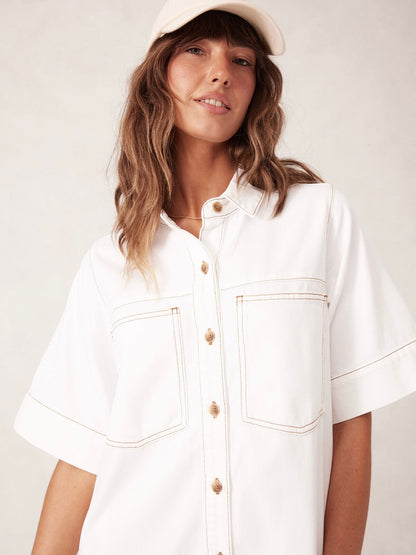 Short Sleeve Tiered Pocket Denim Dress - Fresh Ecru