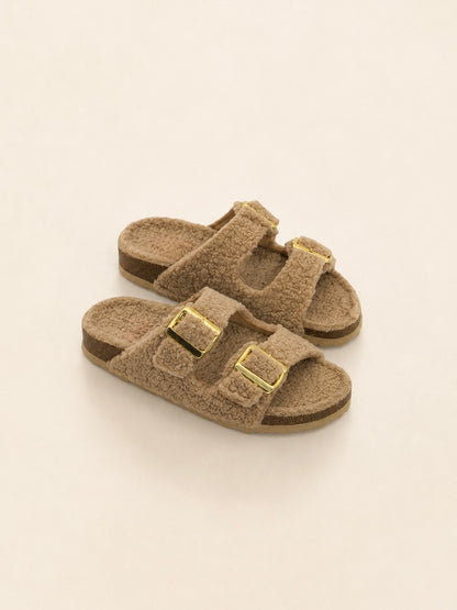 The Aspen Slide | Taupe Teddy Faux Fur Slides