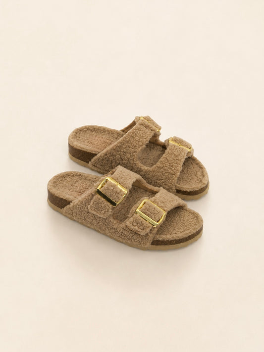 The Aspen Slide | Taupe Teddy Faux Fur Slides