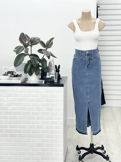 Haze Denim Maxi Skirt - Mid Blue - WANTED AND WILD