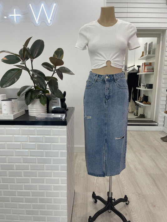 Jett Denim Maxi Skirt - Distressed Denim - WANTED AND WILD