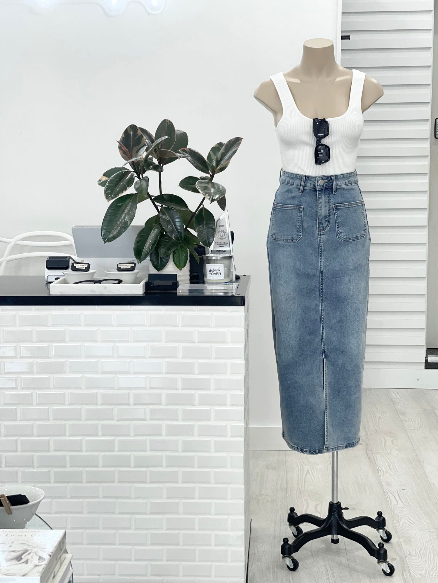 Kelsey  Denim Maxi Skirt - Mid Blue - WANTED AND WILD