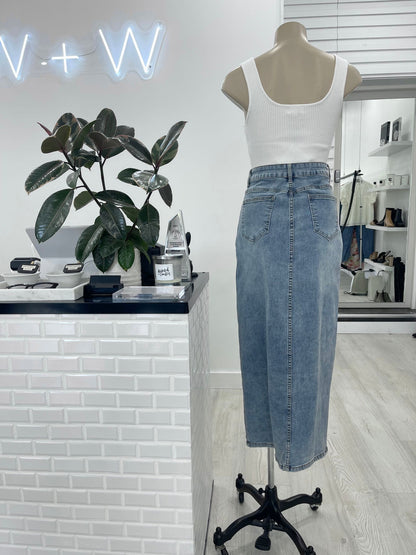 Kelsey  Denim Maxi Skirt - Mid Blue - WANTED AND WILD