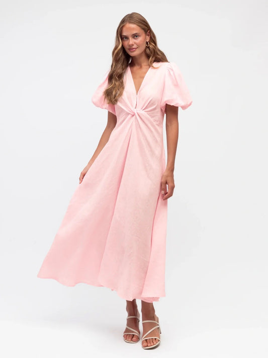 Linen Luxe Balloon Sleeve Dress - Pale Pink