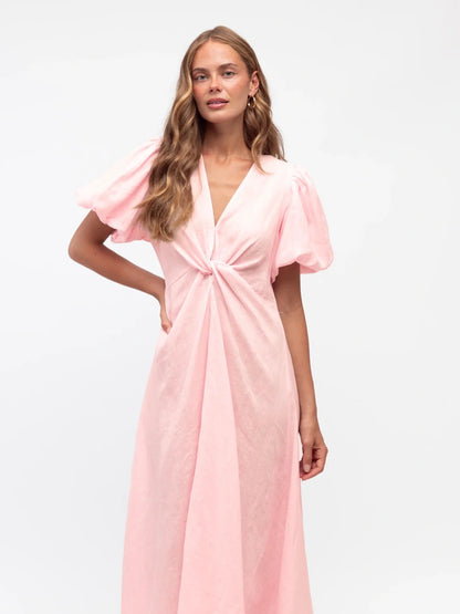 Linen Luxe Balloon Sleeve Dress - Pale Pink