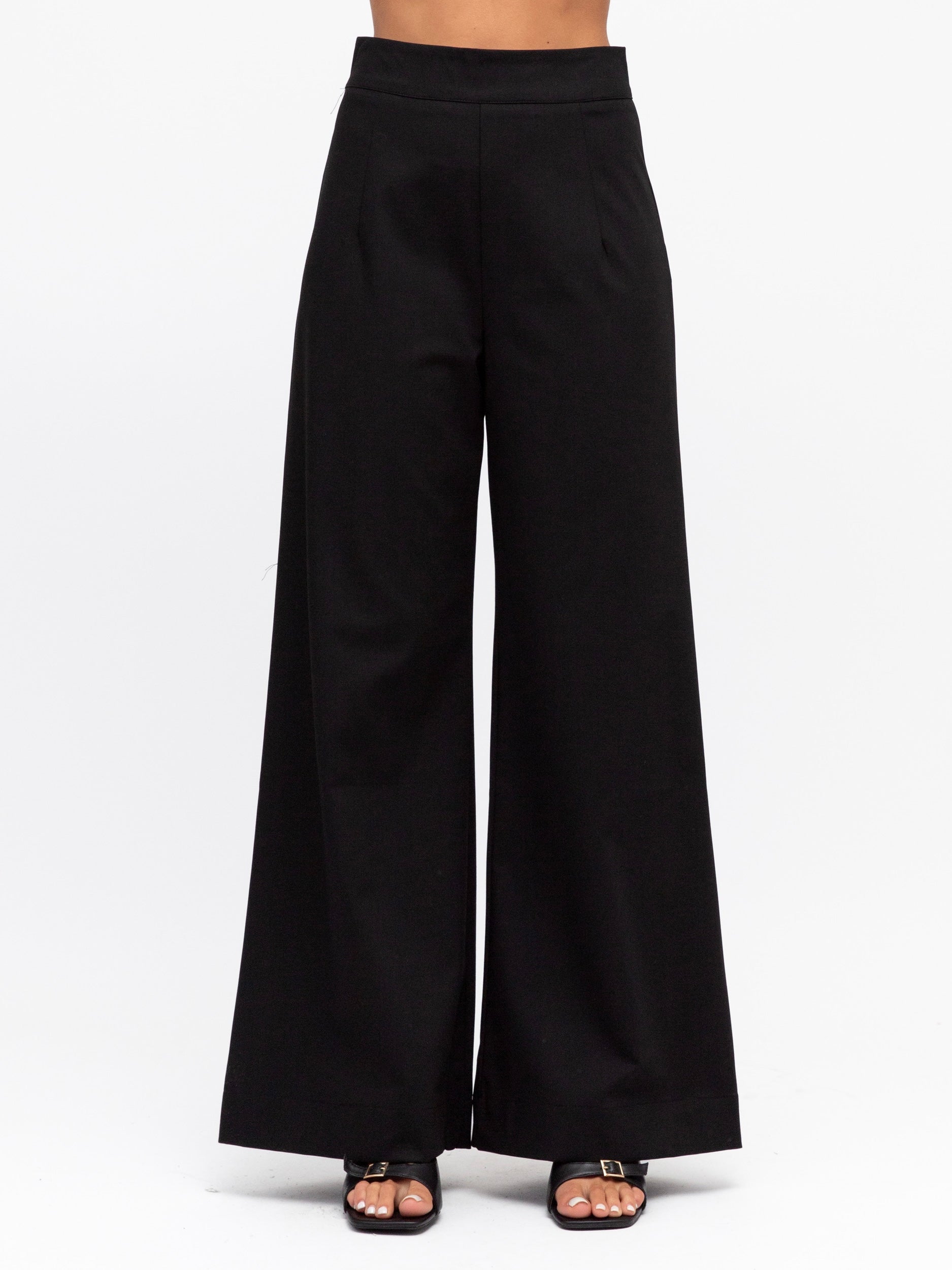Front view of the luxe suit pants in black by White closet at Wanted and Wild.