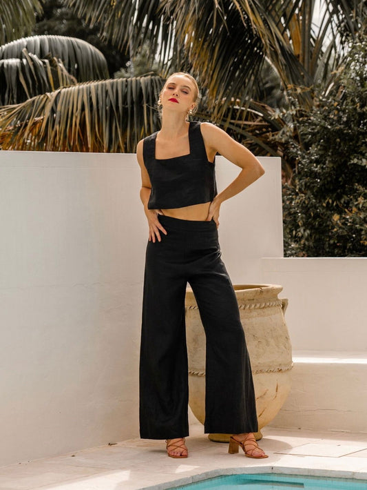 Luxe Wide Leg Linen Pants - Black - WANTED AND WILD