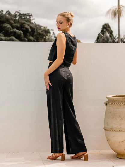 Luxe Wide Leg Linen Pants - Black - WANTED AND WILD