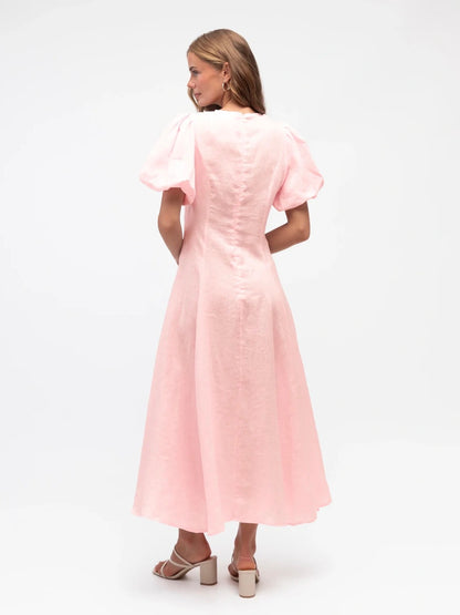 Linen Luxe Balloon Sleeve Dress - Pale Pink