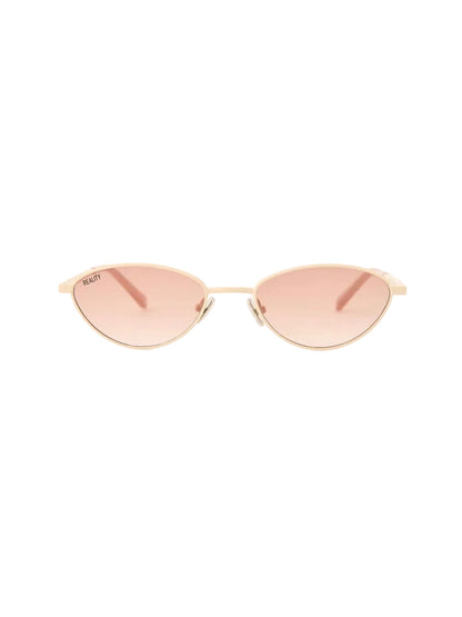 Gold-framed sunglasses with pink lenses on a white background