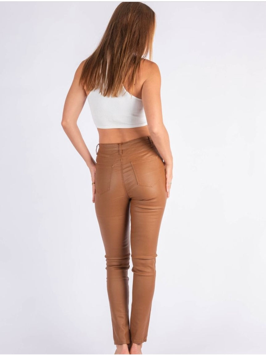 Coated Leather Look Jeans - Tan