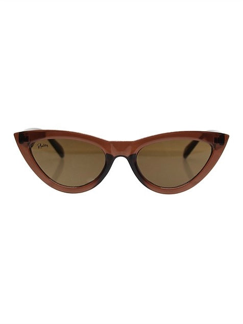 A pair of brown kiss kiss sunglasses with a cat-eye style.