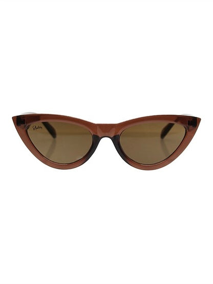 A pair of brown kiss kiss sunglasses with a cat-eye style.