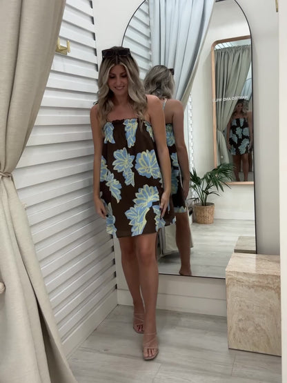 Elderflower Mini Dress - Choc/Blue Print
