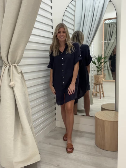 The Lune Linen Shirtdress  - Navy