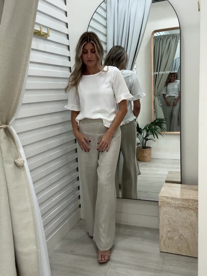 Mari Linen Ruffle Trim Top - White