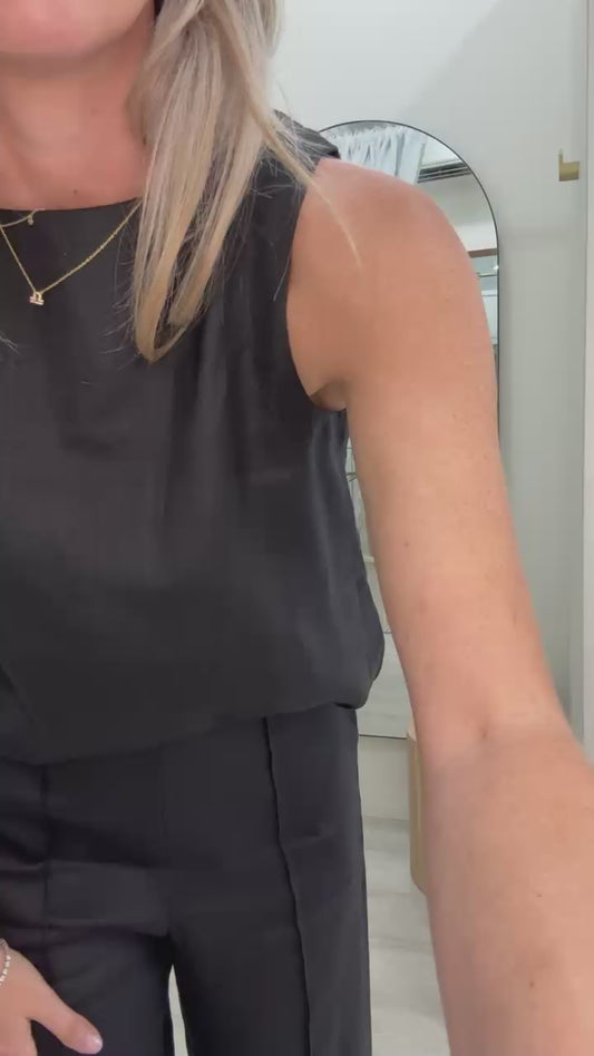 Atlas Top in black linen worn with black heel and matching Atlas pants at Wanted and Wild