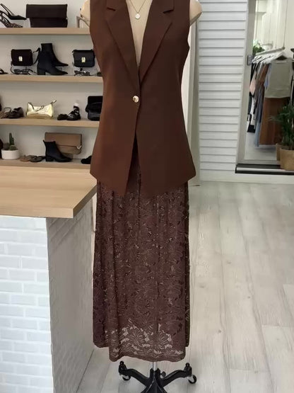 The Capri Vest and Lace Skirt Set - Chocolate