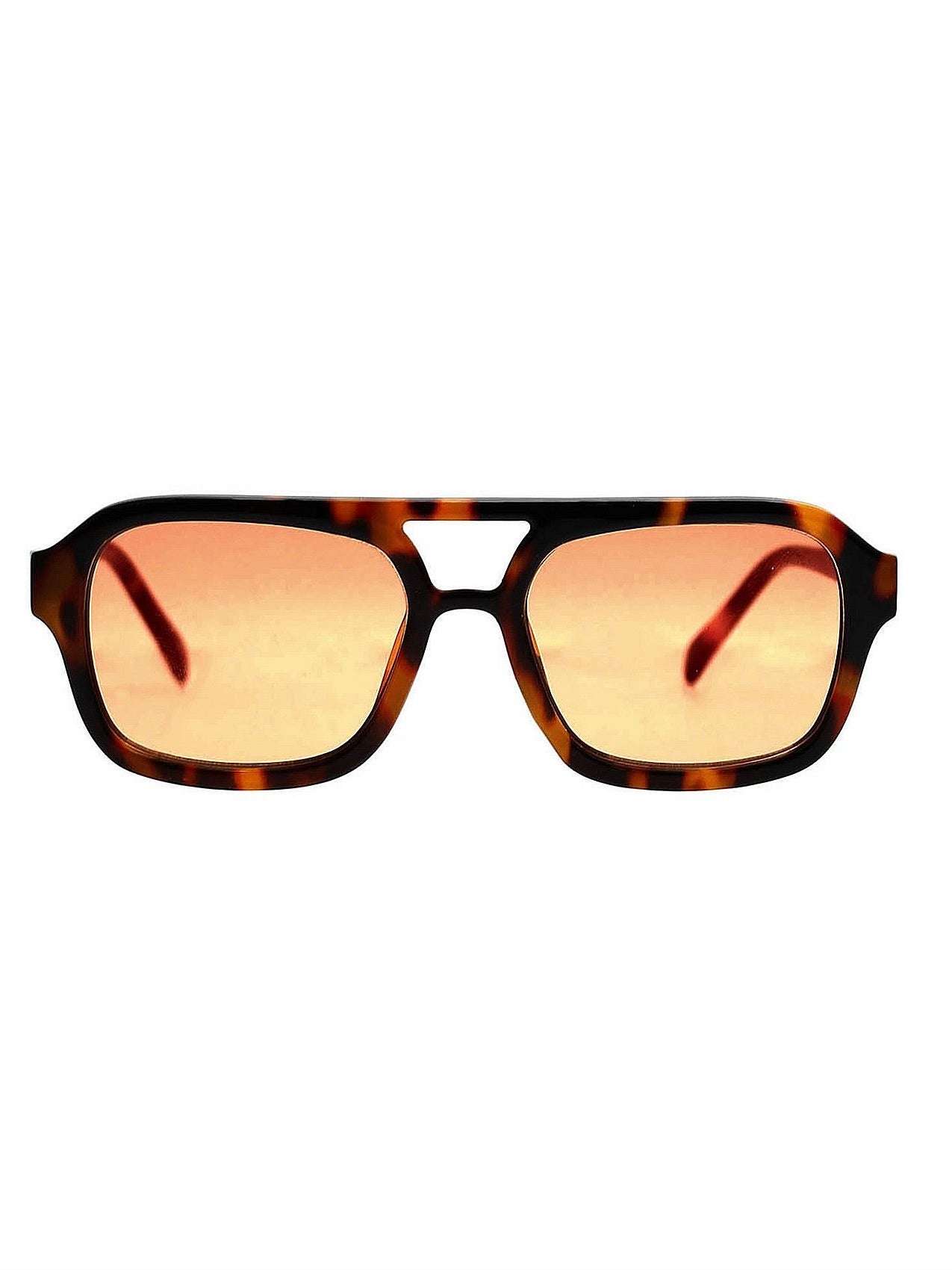 Sunglasses with tortoiseshell frame and orange-tinted lenses on a white background